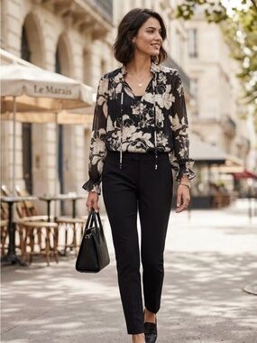 Joie Black Floral V-Neck Long Sleeve Blouse Size S
